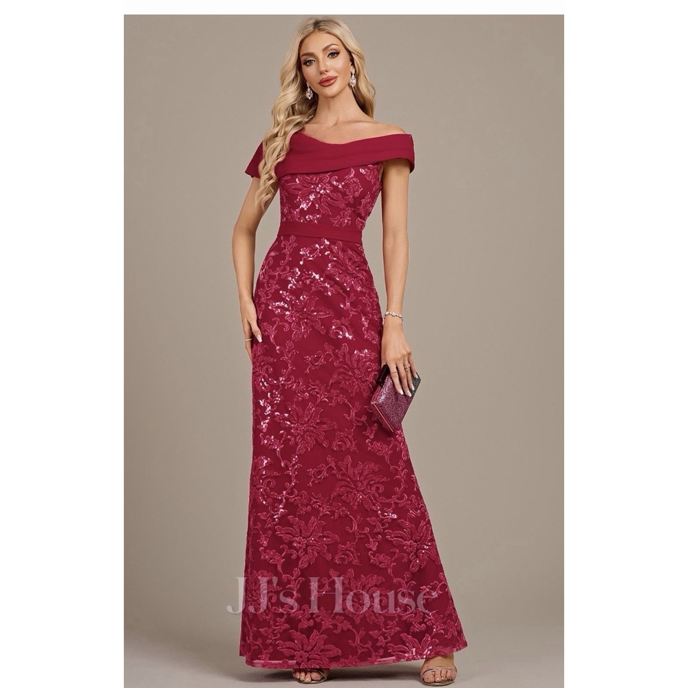 New JJ'S HOUSE Asymmetrical Floor-Length Stretch Crepe Lace Sequin Evening Dress